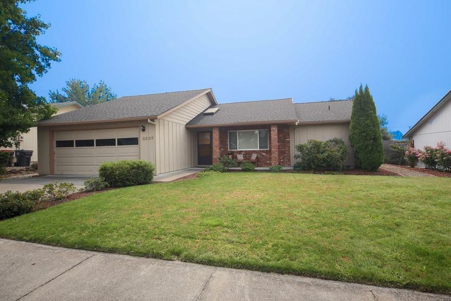 Super cute, updated home w/vaulted ceilings, lg windows, newer kitchen w/custom cabinets, granite counters & great appliances. Great room & dining room opens to kitchen. French sliders to a large covered patio off Master bedroom. Charming fenced backyard w/southern exposer of mountain views. Master Bdr. w/dbl sinks, lg shower, walk in closet, lg separate vanity or great office/hobby area. Other side of home has two good size bedrooms - one with a window seat and two closets. 2 car finished oversize garage w/built in cabinets and small work area. Raised garden beds & storage shed, covered porch w/brick exterior. This a great home & neighborhood, located close to shopping, dining, golfing & medical.