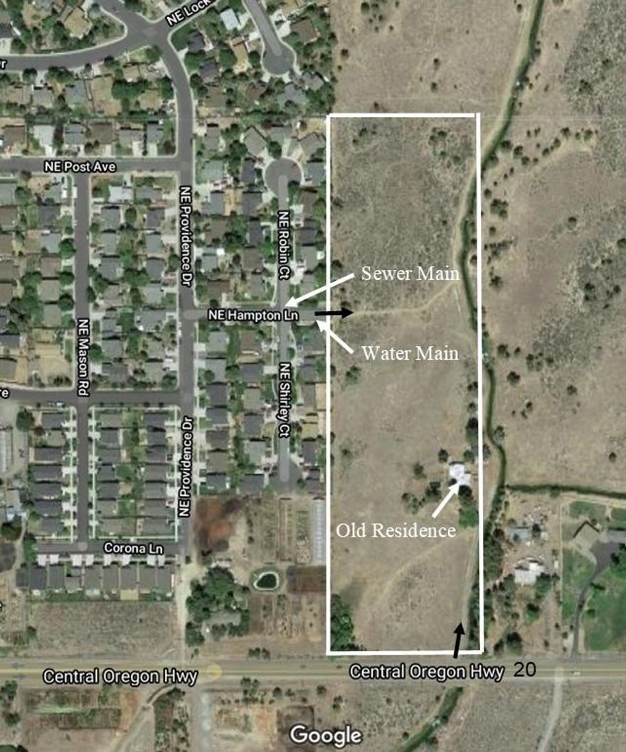Path or progress 10 acre development parcel currently zoned UAR (Urban Area Reserve) with City sewer and Avion water at the east property boundary. It borders the current City Limits & UGB.  It is fairly level and well located as Bend continues to expand. This is a ''land bank'' opportunity at only $150,000 per acre. It may be fairly easy to develop with minimal offsite improvements. The existing residence & structures shall be purchased AS-IS. In the meantime, the residence could be remodeled & rented. A great place to store all your equipment plus build a shop/barn or even a replacement dwelling with apartment. Complete brochure is available.