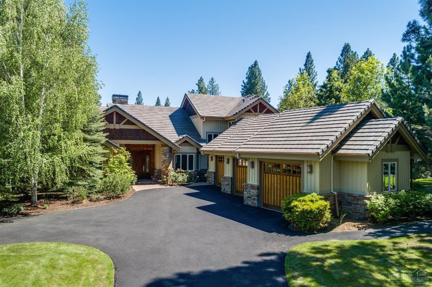 This grand and impressive custom built home is nestled on a beautifully treed .38 acre lot on the 1st fairway in the prestigious gated golf community of Broken Top. Enter into a light and airy open floor plan graced with soaring & dramatic 22' vaulted tongue and groove wood ceilings, Santos mahogany wood floors and casually elegant finishes. Featuring a large great room, a spacious formal dining room, breakfast nook, den/office & a luxurious master suite overlooking the golf course on the main level. Two additional bedroom suites and a roomy bonus room upstairs. Huge 1232 sq. ft. 3 car garage offering plenty of room and storage for all your toys. Located on a peaceful and quiet cul-de-sac. Enjoy spending time on the expansive paver back patio- perfect for entertaining family and friends and enjoying the Central Oregon lifestyle!