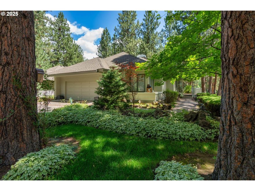 Front Row Fairway Views | Gated Mountain High Community | Single-Level Living | Welcome to your private sanctuary in Mountain High, Bend's premier gated golf enclave nestled among towering Ponderosa pines. This beautifully maintained 2-bedroom, 2-bath, home sits on a large park like parcel on the front row of the 12th fairway of the Old Back Nine Golf Course. The open-concept layout connects to a bright kitchen with breakfast nook—ideal for casual mornings—and separate dining area for formal gatherings. The living room, centered around a cozy wood-burning fireplace, offers a warm and inviting space to unwind. The generous primary suite features a walk-in closet, an en-suite bath with dual vanities, jetted tub, and separate shower. Outside, the expansive deck offers a great space for relaxing or entertaining. The home has central A/C and an oversized garage with plenty of room for storage.  Mountain High community amenities: pool, tennis/pickleball courts, gazebo.