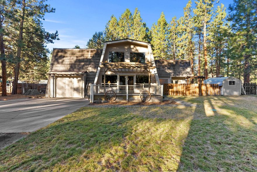 Furnished Retreat! Spacious 2,513-SF home in Tollgate, Sisters, Oregon - ideal second home or vacation rental, with most furnishings included! Generous 0.57-acre lot, fenced yard, 3 bedrooms, 2.5 baths, 1-car garage, 185-SF storage shed, 85-SF garden shed, and circular driveway. Light fills the bright great room, featuring soaring vaulted ceilings, impressive timber frame trusses, and a propane fireplace, as well as a kitchen, breakfast bar, and a separate dining room. The 2003 addition included the main-level primary suite with a second propane fireplace, jetted tub, and a walk-in closet, plus a 500 SF ''hidden'' upstairs bonus room. Enjoy the serene outdoors on the front deck, covered rear deck, paver patio, or upstairs balcony. The durable Mansard tile roof provides lasting protection. Tollgate amenities are fantastic, featuring a sparkling pool, pickleball/tennis, basketball, park, community hall, snow removal, and more! Enjoy direct access to the National Forest trail system!