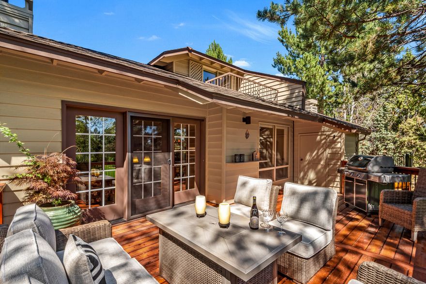 Enjoy this pristine home with beautiful touches creating a calm living space in the desirable gated River's Edge Village. Open floor plan, vaulted ceilings, updated kitchen, living room with abundant windows and triple French doors overlooking the 5th fairway yet protected by mature trees for privacy. Primary bedroom on main features an oasis bathroom with heated floors, oversized tile/glass shower & gorgeous cedar Japanese soaking tub. Main level includes an office, half bath, laundry and pantry. Upstairs offers a second primary bedroom with a generously sized bedroom, full bath, loft open to below, and a huge storage closet. Three decks on main & second floor encourage spending time outside. Almost .25-acre lot with minimal upkeep thanks to reasonably-price HOA fees. This home offers flexibility as a primary residence, second home or long-term rental investment property. Close to downtown Bend, restaurants, shopping, Sawyer Park, miles of trails, mountain views & 2 blocks to river.