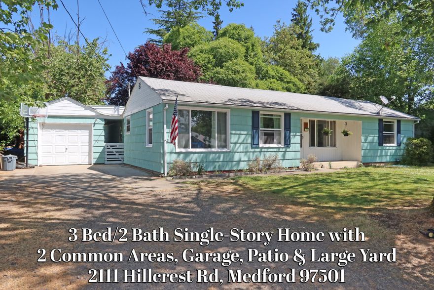 Delightful single story mid-century cutie in Old East Medford has large fenced back yard, 3 bedrooms and 2 bathrooms and Tons of natural light! Has 2 common areas, laundry/mudroom, mature landscaping and is on the quiet part of Hillcrest near Jackson. 3D virtual reality interior video, drone aerial exterior, floorplans, measurements, and inspection on MLS. Appointment only, please do not disturb the owners.