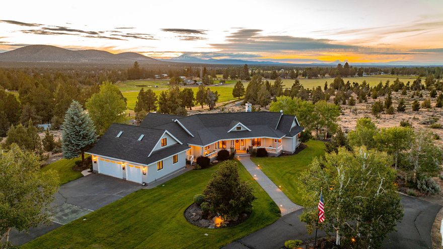 Wonderful Horse Property/Hobby Ranch on 45 gently sloping acres w/18.45 acres of irrigation & sweeping views of the Cascades (6 peaks!) Conveniently located between Bend & Redmond this beautifully landscaped, Sun Forest NW style custom home features dramatic floor to ceiling windows, wood beam accents & stone fireplace. This mostly main floor living features an Open Great Room, Chef's kitchen, dining area, breakfast nook, office, Primary Suite w/ Luxurious bath, 4 guest rooms, 2 guest baths & a huge Bonus Room above the 3 car garage. Expansive outdoor deck, w/stunning mountain views overlooks the green pastures. This property is perfect for entertaining & soaking in the beautiful High Desert topography, stunning scenery and wildlife. Gated w/ a asphalt drive, the property also features an artisan studio, large barn w/2 stalls, hot/cold water, tack room & storage. Lovely irrigation pond, riding arena, cross fencing, paddocks and equipment shed. This property is a Central Oregon dream!