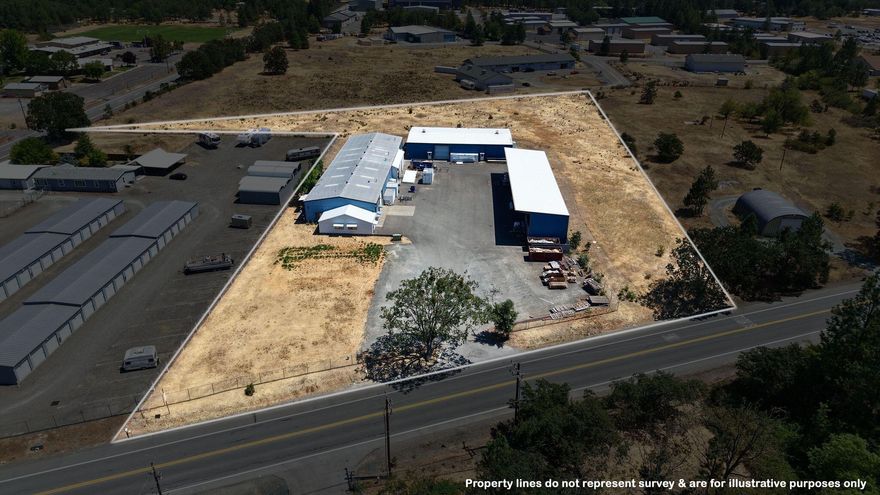 5887 Monument Drive, a secure and well-maintained income property located in beautiful Grants Pass, Oregon. The property encompasses 4.0 acres of flat, fully fenced and gated commercial land with a combined 20,800 square feet across three adjacent buildings. Featuring two steel-framed warehouse buildings totaling 15,000 SF, ± 6 5 0 SF of office space, and a covered steel-framed exterior storage shed for an additional 5,150 SF. This property is available as a '' full site'' package sale. Additional improvements include a paved parking area, full perimeter fencing and significant infrastructure containing two 480 amp 3 -phase power supplies. The warehouses are equipped with 3 roll up exterior doors total, exterior storage, room to expand and much more. The property is currently occupied with an excellent long standing tenant with licenses tied to the property. Please contact listing broker for information and showing,. Potential owner carried financing.