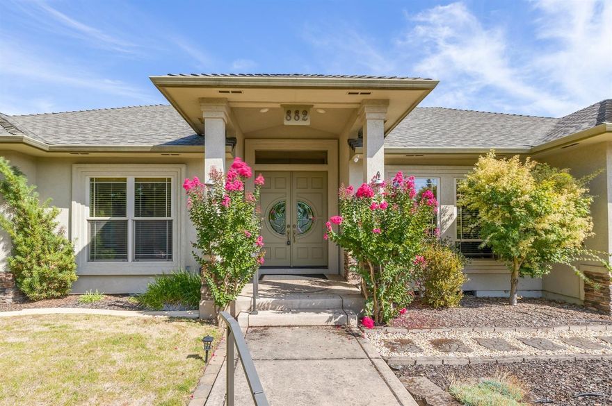 Stunning home in White Oak Estates, features soaring ceilings, hardwood, travertine and ceramic tile throughout. There is an open kitchen with two islands and a wine rack, granite counters, large pantry, fridge, new cooktop, newer dishwasher, double ovens. The kitchen is open to the family room with a gas induction fireplace. There is a formal dining room, formal living room . Surround sound throughout. The guest suite has beautiful tile and it's own bathroom. The master suite is gorgeous, with a huge walk in closet plus one more walk in closet , walk in shower, a jetted sunken tub and dual sinks. The oversized three car garage has add'l space for work. There is a lovely back yard with a large covered patio and runs the length of the house. Raised garden beds. A lovely pond (with a new pump) completes it. The storage shed is included. New heat pump in 2017. First American Home Warranty Plus $440 is included.