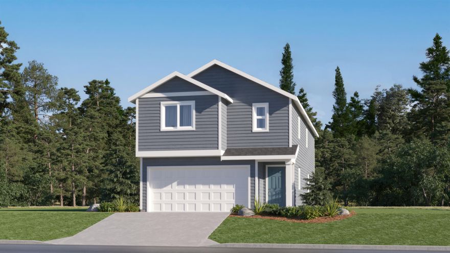 New construction home is located at Reserve in the Pines, surrounded by year-round outdoor recreation with open spaces and adjacent to a community trail. The Auburn plan offers an open-concept main floor where the kitchen, dining nook, and great room flow seamlessly to the patio. Upstairs, you'll find four rooms, including a private primary suite tucked into the back corner with an en-suite bath, double vanity and walk-in closet. Two bedrooms share a jack-and-jill style bath, and the third bedroom has an en-suite bath. Interior highlights include quartz counters, shaker-style cabinets, and LVP flooring in the kitchen and baths. This home also includes central AC, fridge, washer and dryer, xeriscaped front yard with drip irrigation system, and blinds—all at no extra cost! Homesite 92. Est. completion Dec. 2025. Rendering is artist conception only. Photos are of a similar home, features and finishes will vary. Below-market rate incentives available when financing with preferred lender.