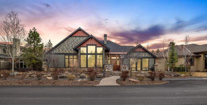 Discover unparalleled craftsmanship in this custom home by Artisan Homes & Design. Reflecting the highest levels of finishes, this bright & airy mountain home features a main level primary suite, 2 guest en'suites, office nook, formal dining & an upstairs bonus room. Lovely curb appeal and gated front courtyard lead to welcoming entryway opening to spacious great room w/ soaring post & beam ceilings, floor to ceiling fireplace & walls of windows on each side; ideal for relaxation, as well as entertaining in adj dining room w/wet bar, wine fridge & buffet. The nearby chef's kitchen provides an easy flow, exceptional appliances, 2 islands: one for food prep & one w/ dual sided bar seating. The office nook has access to large outdoor paver patio. Beautiful primary suite enjoys outdoor patio access & a luxurious bath. 2 full en-suite guest suites provide peaceful accommodations for family & guests Nestled in serene 3-Pines neighborhood, w/walking & biking trails &  ½ mile to Shevlin Park.