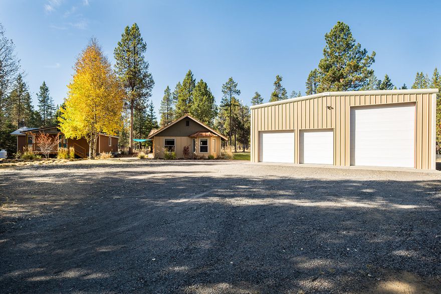 Welcome to Sun Country Estates! This 2.52 acre gem features an energy-efficient 797 sqft, 2 bed, 2 bath home with radiant floors, polished concrete, superior insulation, and excellent indoor air quality. Enjoy privacy among the Pine Trees with plenty of storage. The 2,000 sqft dream shop is fully insulated with radiant heat, 200 AMP power, RV hookup, and multiple access points - perfect for all your toys or projects. Bonus: a remodeled 1,020 sqft detached studio with a half bath, home office/bedroom, mini-split, and gas fireplace, ideal for an office, craft studio, or gym. The property is fully fenced with a secure gated entrance, professionally landscaped and irrigated yard, complete with a Belgard paver patio for entertaining family or friends. Close to the Deschutes and Fall Rivers, Cascade Lakes, Mt. Bachelor, and BLM access. Nestled in the heart of Central Oregon -this property is the perfect launch point for year-round adventure! Welcome home!