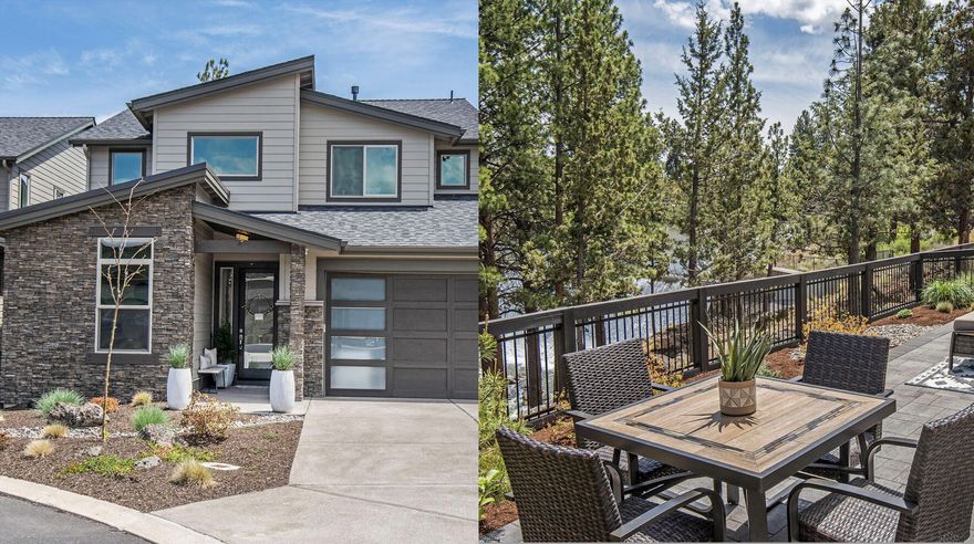 Enjoy your own private nature preserve on the Deschutes River and have easy access to downtown Bend. The sight and sounds of the waterfall from the extended back patio create a fantastic outdoor living experience. Interior features include: vaulted ceilings, gourmet kitchen, extended kitchen island, open floor plan, lots of natural light, stainless steel appliances, wine fridge, warm and modern lighting, two primary ensuites with one on the main floor, built-ins. Exterior features include: Incredible view of the waterfall and Deschutes River, Oversized back patio, private river access, gated community. Since original purchase: additional wood flooring added throughout the home and stairs to complement the existing flooring, new light fixtures installed throughout, outdoor patio area substantially increased with pavers, upgraded hardware
