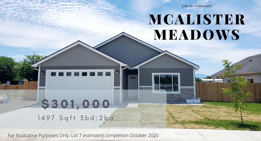 Fantastic opportunity to have your new home built just how you like it! This 3 bed/ 2 bath contemporary new build is under-construction and will be ready on or before September 2020. At 1497 sqft, this open concept gem packs in all the luxury of modern living through sleek-clean design. Your choice of in0budget granite texture, laminate plank, carpet and exterior paint. This house features vaulted ceilings, granite
countertops, gas range, gas heat, a full glass-walk-in shower and granite countertops in the master bathroom, walk-in closet in master bedroom, walk through utility/mud room conveniently connects through to
the full 2 car garage. Exterior features include covered patio, built in gas BBQ hookup, fully fenced back-yard, RV parking space, and fully landscaped front yard. Now is your chance to get in on the newly established McAlister Meadows subdivision. Builder's preferred lender is Alyssa McColly John Adams Home
Loans