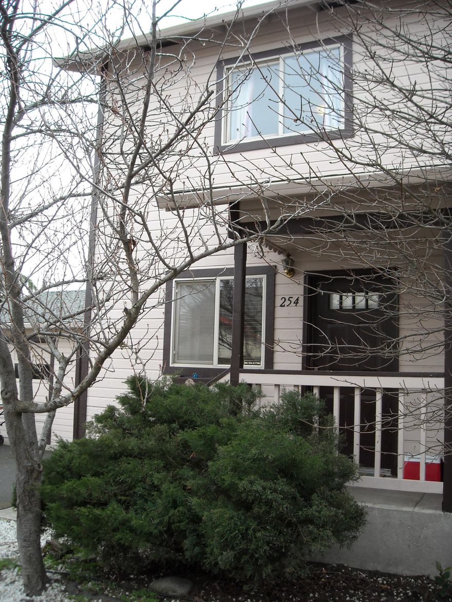 Fantastic location 5 blocks from downtown Ashland's  famous Plaza with theaters, shopping and some of the finest restaurants and set off Van Ness  Street down the paved alley.  This condo is one of four condos in the complex of two duplexes so shares only one wall (staircase). Detached single car garage.  Enjoy the private fenced back yard as well as mountain views.  Open living with both bedrooms upstairs with full bath and 1/2 bath down.  One bedroom has two closets and the other has a balcony with mountain views.  Affordable Ashland home is hard to come by and this offers the great location, small complex with open space.