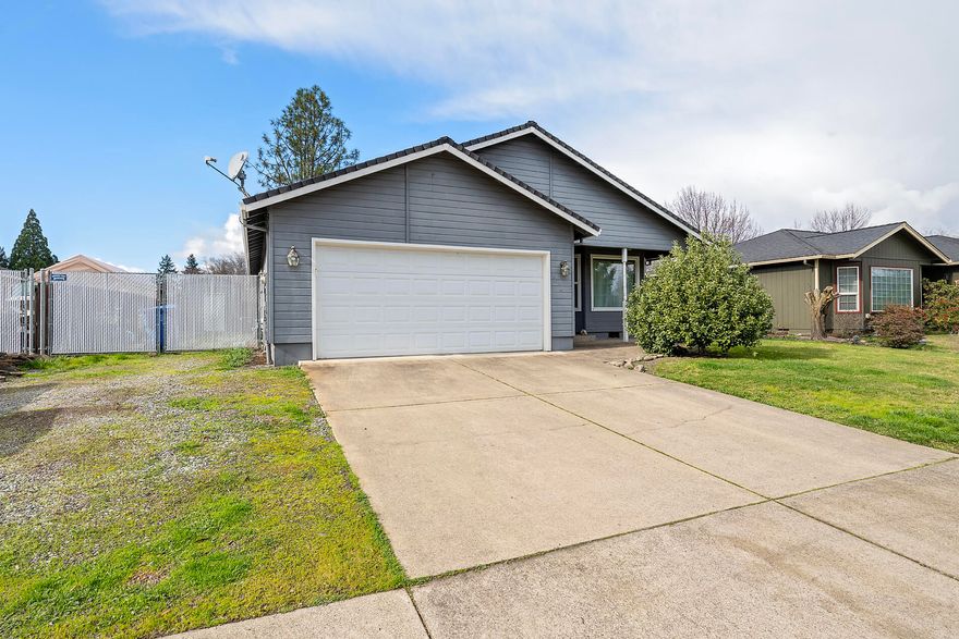 Move in ready 3 bedroom/ 2 bath home. Large living room with open kitchen. Master bedroom has walk in closet with coffered ceilings and bathroom has a door to the exterior covered patio off the master bedroom. Both other bedrooms are good size. Hall bath has tub/ shower combo. Back yard has 2 patios and a storage shed. There is room on the side yard for a small trailer or boat.