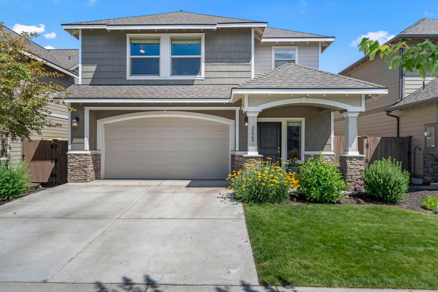 Located in NE Bend's desirable Mirada neighborhood, this Franklin Brothers home offers access to Eagle Park, a community pool, and front yard landscape - perfect for active, connected living. The thoughtful floor plan features 4 bedrooms, 2.5 baths, and a vaulted ceiling primary suite. A spacious great room centers around a cozy gas fireplace with stone surround and hearth, while the kitchen features quartz counters and stainless steel appliances. The laundry room includes a utility sink and extra storage. Outside, enjoy the extended paver patio with built-in fire pit and a custom greenhouse or play shed, ideal for gardening or imaginative play. Close to schools, restaurants, and shopping.