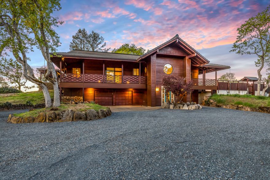 Comp Only - this information is for statistical purposes only. Private close-in rural estate with Asian-inspired home by award-winning builder with stunning panoramic views, irrigated acreage, and equestrian facilities located in the hills of SW Medford. Main level with sliding glass doors to 1,600 SqFt wrap-around mahogany deck, Douglas fir-paneled ceilings, updated kitchen with stainless GE Monogram appliances, office or third bedroom with fireplace and library shelving, laundry room, and primary suite with renovated full ensuite bathroom and walk-in closet. Lower level includes a spacious guest apartment with kitchenette, sitting room with fireplace and private patio, walk-in closet, full ensuite bathroom, two car garage, and 1,000+ bottle wine cellar. New horse barn with board and batten siding, interior and exterior lighting, frost-free hydrant, hay storage, tack room, corral, three cross-fenced pastures, and riding ring. Detached garage, separate workshop, and ornate well house.