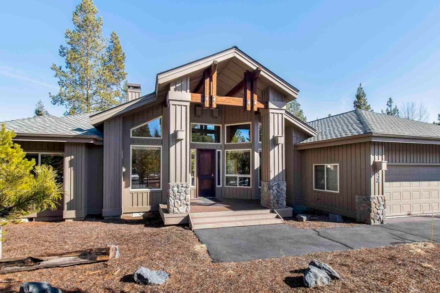 Escape to luxury and comfort in this stunning 4-bedroom plus office or 5th sleeping area, single-level lodge-style home in the picturesque community of Sunriver. Immerse yourself in the peaceful surroundings of this beautiful home, featuring two suites on opposing sides of the home, both with access to the back deck/paver patio area. With high ceilings, warm knotty pine log accents and paneling, and cozy stone fireplace, you'll feel right at home from the moment you arrive. This home is perfect for families or groups seeking a relaxed, stress-free getaway in a stunning natural setting. Come see for yourself why this lodge-style home in Sunriver is the perfect place to escape from the hustle and bustle of everyday life. Soak in the hot tub after a day on the slopes. Many newer upgrades including roof, most appliances, furnace, A/C, hot tub, paver patio, Trex front & back deck, carpet, exterior paint. SHARC Paid in Full.