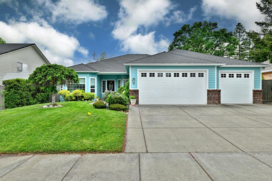 Nestled in the highly desirable White Oak Estates, this beautifully maintained 1 story with Split floor plan, Spacious master suite with walk-in closet and master bath with Jacuzzi tub plus private access to serene patio and lush yard with fruit trees and grapevines. This home is in move in condition. Fresh white paint in Guest room, guest bath and Formal Dining Rm. Updated kitchen with Coriander counters and granite counters in Bathrooms. Brick accents in Family Room Fireplace and breakfast bar. Large bonus room with French doors. No carpet ideal for pets and children! Vinyl and wood floors throughout. fully fenced private backyard with an inground sprinkler system and patio. Step outside to a Wisteria-covered pergola, lush garden, fruit trees, and grapevines—your own private retreat. This home is truly move-in ready!