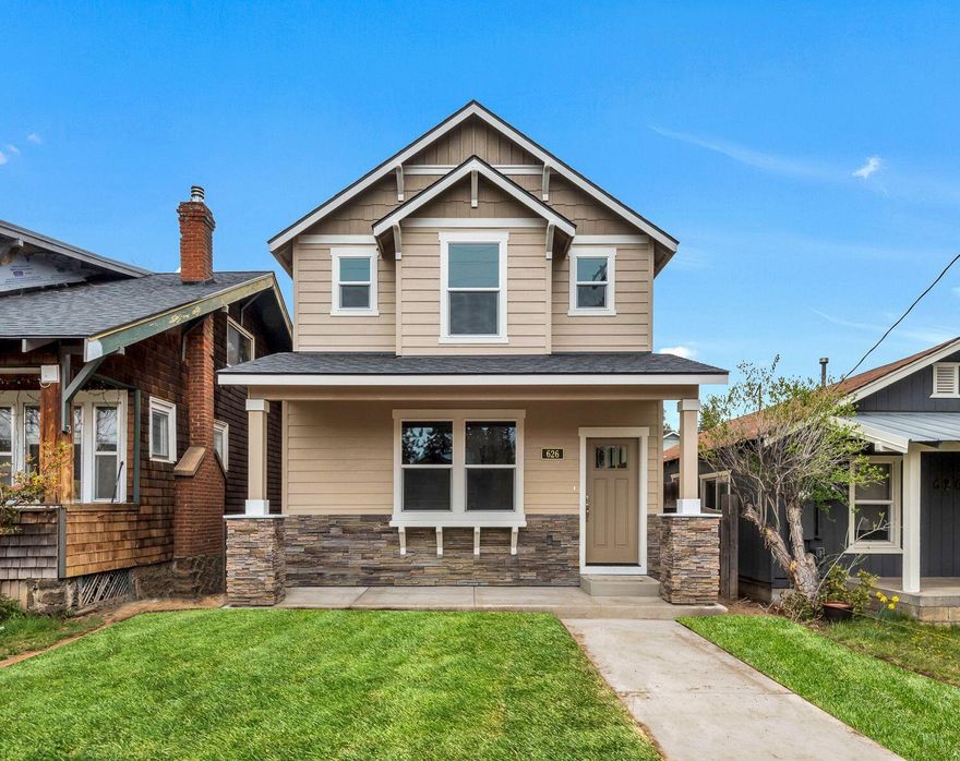The location of this brand new Westside Bend home does not get much better! Just blocks away from the Deschutes River, Drake Park, and Downtown Bend, this charming home is likely to entice the most sophisticated buyer. The main level is open throughout the great room and dining area, with a cozy gas fireplace, and the kitchen features a large breakfast bar, lots of counter space and ample storage. There are quartz counters, stainless appliances, and engineered hardwood floors throughout the great room, kitchen and dining area. The home is heated with a high efficiency gas furnace and cooled with central AC. The alley access garage and inviting front porch give this home tremendous street appeal. Upstairs there is a versatile loft area that could be used as a den or office. In addition the large master suite features a southerly view, dual vanities, and large walk-in closet. The two additional bedrooms share a second full bath.