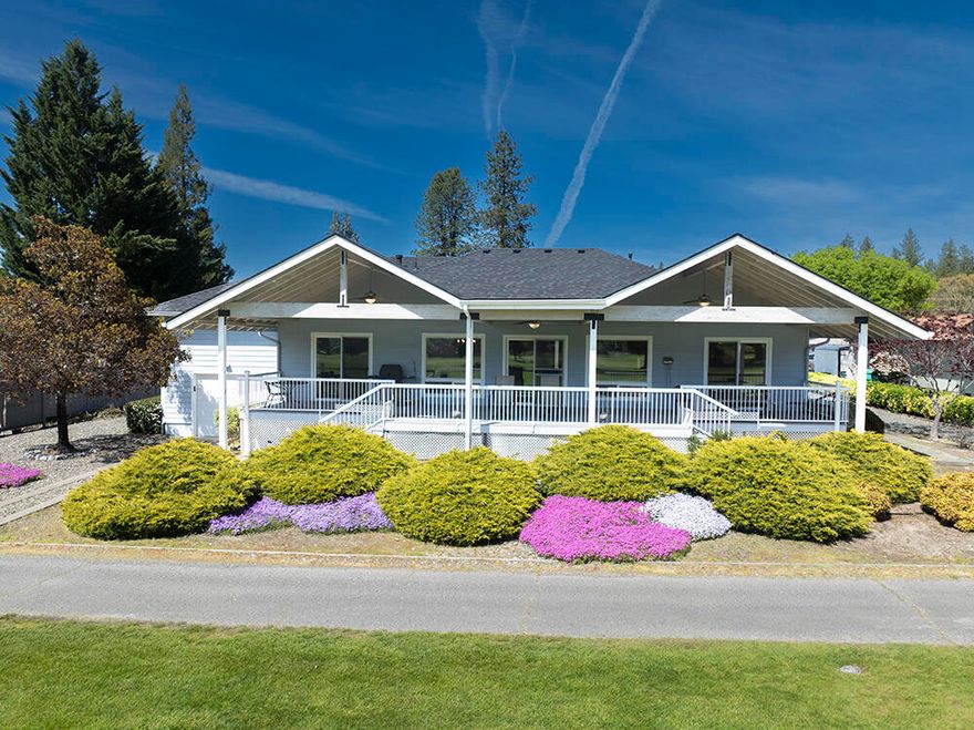 First time on the market! An attractive open floor plan awaits you at this single-level home on the 8th Fairway of the Grants Pass Golf Club, Some features include natural gas stove & water heater, breakfast bar, quartz counters, small island in kitchen; tile entry; split floor plan; vaulted ceiling; ceiling fans; sliders from the living room, primary suite & guest bedroom provide access to the large covered deck ideal for entertaining or simply enjoying the activity on the course. The primary suite has 2 closets including walk-in, & its private bath has both tub & step-in shower, 2 vanities & skylite. The front bedroom has a built-in window seat w/extra storage. Roof & heat pump replaced in the last 2 years. 2-car attached garage, plus full RV garage w/golf cart door on the course side for ease of access. Circle drive plus extra parking on both sides. Convenient access to shopping, restaurants, etc. Call today for your personal tour, & welcome home!