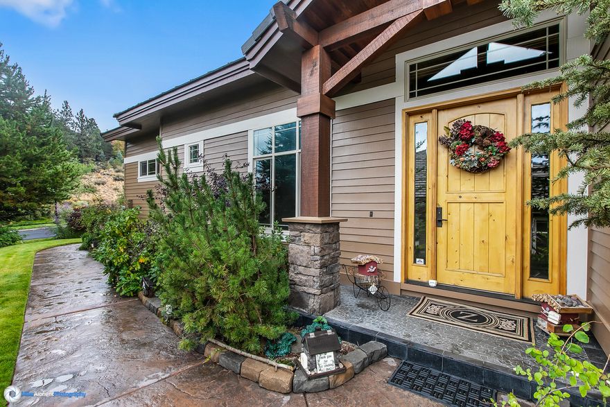 A one story townhouse on Bends West side with a NW design that is a beautiful & timeless blend of contemporary and mountain style. The open floor plan of 2120 sq. ft., a vaulted Great room, w/a  Sandalwood stone gas fireplace, a wall of windows & glass doors for amazing natural light & views of Mt Bachelor, the Cascades, brilliant colors of Sunsets and open sky.  Large Vaulted primary suite w/access to the patio, a spacious bath w/heated travertine tile floors, a soaking tub, tile shower & walk-in closet. A junior ensuite, a half bath, & another bedroom or den/office. The warm inviting colors of the interior with natural stone, wood & tile create a calm feeling.  A large private patio, w/landscaped garden, is peaceful & relaxing that backs to common area. The HOA maintains the exterior & landscaping to simplify your life. Location is close to everyting, NW Crossing, downtown Bend, Mt Bachelor, trails, & parks.  New HVAC & AC, garage door opener, etc. Owner occupied, appointment only.