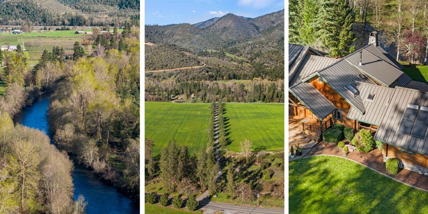 AUCTION BIDDING OPEN: Bidding ends 5/14. Previously Listed $3.995M. Current High Bid $1.5M. No Reserve. Showings by appt. This gorgeous, custom-built log home on over 130 acres overlooks the Applegate River, one of the best rivers for fly fishing steelhead or trout. Your secluded property has over half a mile of river frontage and a long gated driveway, giving you tons of privacy. The interior features beautiful vaulted wood ceilings, warm wood floors, and a cozy rock fireplace in the main living area. Enjoy a cup of coffee out on the patio or take a stroll along the Applegate River at sunset. This lovely property sits in the Rogue Valley, an outdoor enthusiast's dream, and provides abundant space for expanding, entertaining, and enjoying the beautiful OR landscape. Experience the serenity of the expansive property with exceptional river access surrounded by lush forests, a dream location to create a legacy for years to come.
Property is in flood plain, flood insurance may be req.