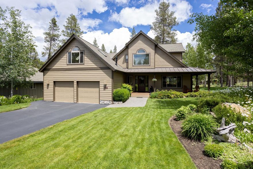 Meticulously maintained NW-style home on the North end of Sunriver. The main level features a spacious great room with built-in cabinetry, river-rock gas fireplace and hardwood & carpet flooring. The kitchen has a clean look and feel with white cabinetry, SS appliances, island with granite top, tiled counters and eating nook (used as a sitting area). The roomy primary bedroom is also on the main floor with gas fireplace and updated bath.  Upstairs you'll find two bedrooms, a large bonus room with wet bar that has room for a desk/office setup, and lots of storage. The garage is oversized with a tandem on one side, numerous racks and shelving, and extended wing-walls for extra storage.  Outside, offers a covered porch on three sides, expansive back deck with hot tub, and beautiful landscaping. New high efficiency HVAC system in 2022 with air purification, newer water heater, new driveway and pathways in 2020, and new Milgard windows in 2020. Close to golf, pool, & tennis amenities.