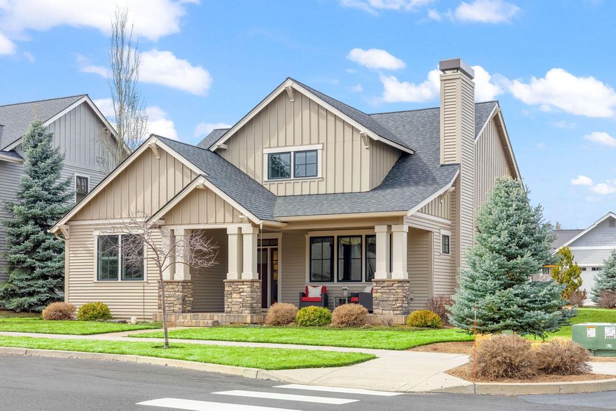 Immaculate custom home in coveted Pine Meadow Village! This thoughtfully designed residence blends timeless craftsmanship with modern comforts, offering seamless main-level living. Relax in the inviting great room w/ a striking gas fireplace & reclaimed wood mantle, wood beam ceiling accents, hardwood floors & a chef's kitchen features stainless appliances, double ovens, island seating,  pull-out drawers & abundant cabinetry. The luxurious main-level primary suite boasts dual vanity, tile/glass shower, heat lamp & spacious walk-in closet with custom built-ins. Upstairs, enjoy a bonus room with built-ins, Cascade Mt views & 3rd bedroom/office with full bath—perfect for guests or a private retreat. Outdoor living w/ a covered front porch & covered paver patio with built-in heaters, lush landscaping & extended driveway. Community amenities include pool, hot tub,  sports courts, club house, paths/trails & Seller offering home warranty & $15K towards buyers closing costs/rate buy down!