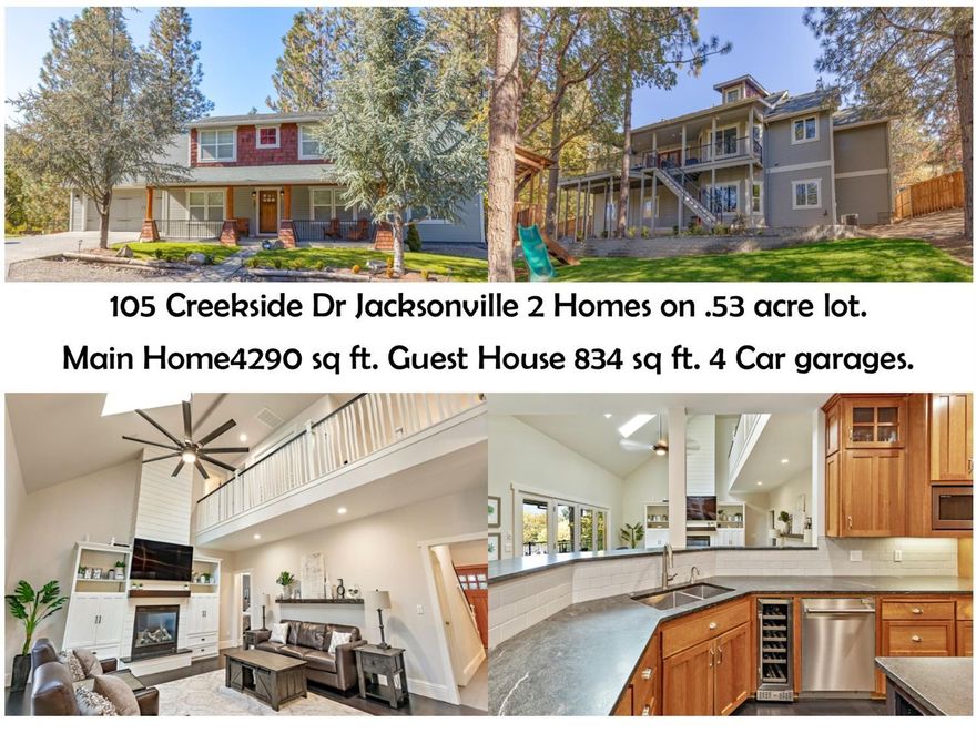 2 Homes w/Creekside Living in Jacksonville. Close to Britt Gardens, hiking trails & downtown. Lg .53 acre lot w/all city services. Daisey Creek runs through the back of the property, tall trees provide privacy while still allowing great Mt Views. Main home is 4290 sq ft w/ 6 bdrm, 3.5 baths, storage galore & 4 car garages w/heated shop space. Completely updated in 2018 to showcase high ceilings exotic hardwood floors, chefs kitchen w/ island, 6 burner gas oversized range, wine fridge & granite counters, open concept w/great rm , gas log fireplace & built-ins. Formal dining & separate office. Master ste on main level w/2 closets, gas log fireplace, lg tile shower, water closet, separate vanities & deep soaking tub. 3 lg bdrms, bath & storage area upstairs. Lower level features great entertaining area, kitchenette, 2 bdrms & full bath. Lg mud/laundry room. Lg covered deck & patio. Adorable 1/1 cottage features 834 sq ft w/full kitchen, dining area, lg loft space, laundry, 2 car.