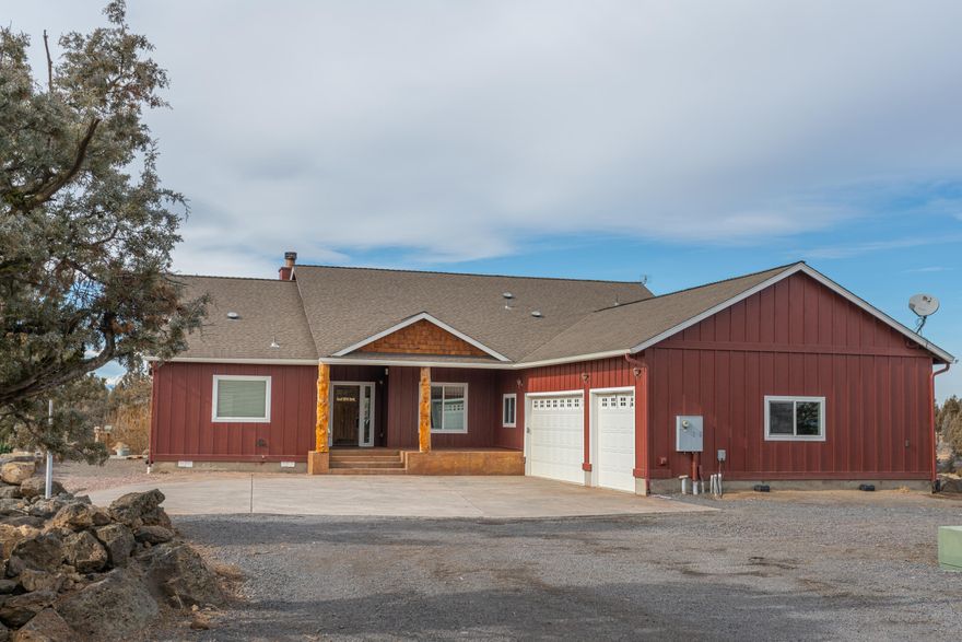 Perched on a perfect outcropping to capture views in every direction sits this fantastic ~10 Acre property w/custom built home. Horse lovers pay attention -3 areas to board your horses totaling 9 stalls plus an outdoor
riding area! Get lots of company? Offer authentic accommodations in the incredible separate bunkhouse w/ 2 bdrms/bath, kitchenette. 1800 Sq. Ft. Shop w/ 2 offices; work, toys, storage. Bordered on the S. side by open space, this property has miles of wild land to explore right out the front door. 4 Acres of COID Irrigation; fill the incredible swimming pond with it's overhang dock for swimming + kayaking. The single lvl home was built in 2008 w/ an eye towards outdoor living. Ideal orientation towards the Western views. 4 full-sized bdrms including huge master w/ jetted soaking tub + his & her closets. Stunning natural tile, w/b fireplace, vaulted ceilings, front porch, back deck complete w/ a terraced ceiling and views of Mt. Bachelor - adjoining custom-built fire pit.