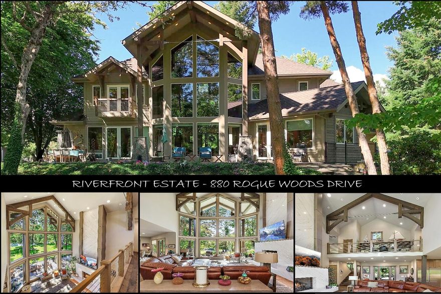 Exceptional Riverfront Estate on 8.52 fenced, gated, & irrigated acres. Expansive views w/almost 300' of private access to pristine stretch of the Rogue. Highly sought-after, peaceful/private setting in area of high-quality riverfront homes. Located minutes from area shopping, medical, & Medford International Airport this sophisticated well-designed 3,856' home is a perfect blend of style, function, & comfort. 29ft floor to ceiling windows showcase the park-like setting/river view. Abundant natural light highlights the 2-story marble slab fireplace, open beam/vaulted ceiling, great room, loft, & main living areas. Main level primary suite, w/patio/spa access, double vanity, walk-in shower w/soaking tub. Stunning chef's kitchen w/Thermador appliances & marble countertops. 2nd Floor offers two bedroom suites, a beautiful loft-style office, plus large bonus room w/access to exterior door for additional possibilities. 24' x 60' 3-bay shop, fenced garden area, & plenty of room for horses.