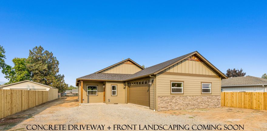 New Construction on almost a half acre in SW Medford! This 3 bed/2 bath home will be finished 1990 sq ft w/ an attached oversized 2 car garage & upgrades throughout. Home boasts a fabulous open floorplan, beautiful tray ceilings, & laminate floors in main living area w/ carpeted bedrooms. Gourmet kitchen with island/eating bar open to the great room adorned w/ gas fireplace & sliding glass door out to the covered patio & enormous back yard. Kitchen will offer a large pantry, granite countertops & stunning cabinetry.  Master suite w/ dual vanity, enclosed toilet & tile shower. Both additional bedrooms are good sized with plenty of closet space- this a great floorplan. Will be fenced and front landscaped w/ allotment toward the backyard landscaping. This hard to find large lot offers plenty of space for potential shop, pool, fantastic garden, chicken coop- you name it. Estimated completion is around 10/15. Call before it's under contract!