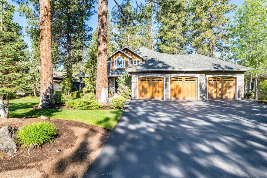 Experience picturesque views of the 3rd fairway in this stunning, custom-built home in Widgi Creek. Your backyard oasis includes a paver patio, extensive Trex Decking, private hot tub area, and a water feature. In the main living area, you will find floor-to-ceiling windows allowing in an abundance of natural light, a dramatic stone fireplace, and vaulted ceilings.  Kitchen highlights include large center island, 2 ovens, coffee nook, and a large pantry. The main level master has private access to the outdoor hot tub. Master bath includes a floor-to-ceiling tiled shower and a large soaking tub. Upstairs are 2 large bedrooms, one full bath, and a large bonus/family room with a separate office space. Ideal for someone working from home or the perfect homework station for the kids.  Large 3 car garage, w plenty of additional space for tools, bikes, golf gear, & toys.  Great location with golf & pickleball out your front door, along with easy access to Bachelor & the Cascade Lakes.