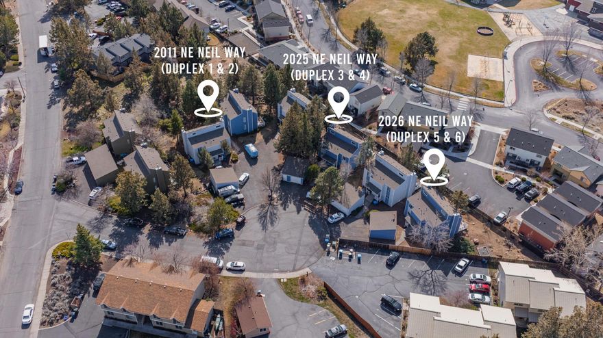 2 duplexes, situated on the highly sought-after NE side in a quiet cul-de-sac,  great rents with refreshed exteriors and recent property upgrades. Each spacious unit features 2 bedrooms, 1.5 baths, and 1,046 sq. ft. of living space spread across two levels. Enjoy private rear decks, cozy wood stoves, and convenient in-unit washer and dryer hookups. The lower level includes a functional kitchen, living room, half bath, and ample storage. Upstairs, you'll find two bedrooms, a full bath, and a laundry closet. The property also includes detached garage/storage space and a semi-private green space with mature trees. 
Just minutes from top amenities like Pine Nursery Park, Pilot Butte, the Forum shopping center, Costco, the hospital, and new restaurants, this property is ideally located. It can be sold individually or as part of a package with 2025 & 2026 NE Neil Way (also pictured).