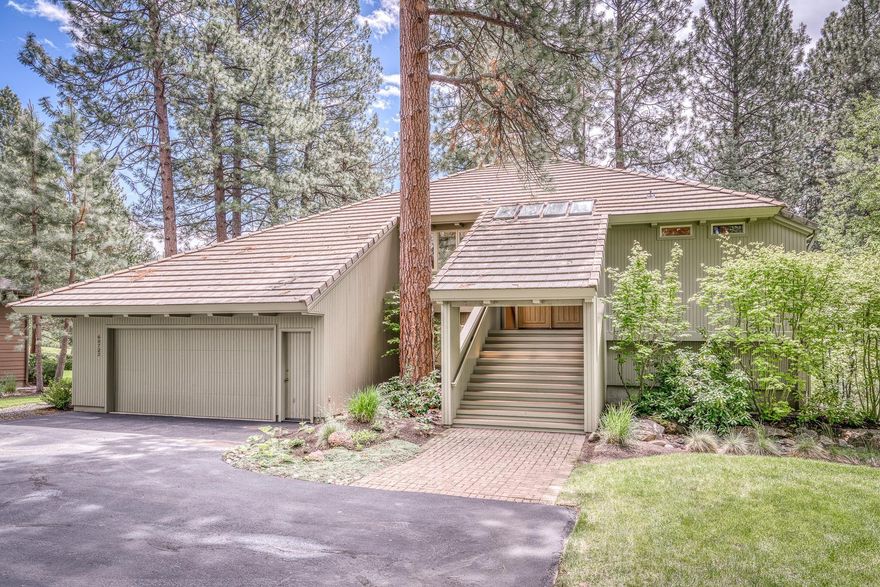 Comfortable luxury in this custom Northwest contemporary design. Nestled in a Ponderosa pine setting on the 8th fairway of the Widgi Creek golf community. Grand split entry leading to main level living areas. This flexible floor plan offers privacy and room for everyone. Vaulted wood ceilings, skylights, hardwood floors, big picture windows, kitchen with eating bar and walk-in pantry, dining room with built-in serving buffet, primary bedroom suite w/private deck, two other guest bedrooms, 3.5 baths, den/family room, and office with built-in bookcase cabinets. Access to multiple decks for outdoor entertaining and viewing the golf course. Perfect as a full time residence or vacation home. Includes furniture and select décor items for turn-key living. Large two car garage with built-in storage closets, mature landscaping and immaculately maintained. Only a few minutes to downtown Bend and the closest residential area to Mt. Bachelor. Just out your backdoor to trails & the Deschutes River.