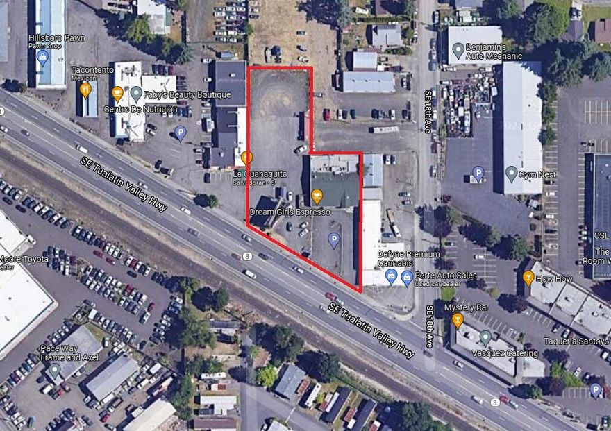 Income or redevelopment investment property with over 200 feet of TV Highway frontage. High traffic count, visibility in the heart of auto and national brands. 3 contiguous tax lots total over 1 acre - current investment income property from coffee, billboard, and nightclub. C-G Commercial - General Zone provides opportunities for all types of retail, service and office uses. 1031 Exchange for income. Do not disturb business. Call or email listing broker for details.