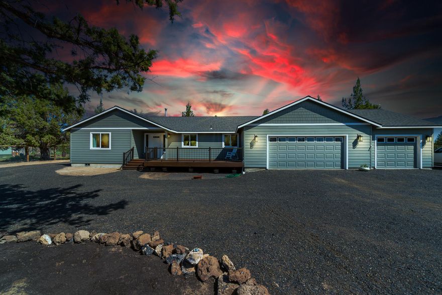 Located in the heart of Central Oregon, this is the perfect property to call home. Custom built in 2016 w/aging in place in mind, this is a must see! Great room style plan w/vaulted ceilings & tons of windows. Modern white kitchen w/slab Granite counter tops, farm sink & SS appliances along w/convenient breakfast bar. New wood burning fireplace in the great room, engineered wood look flooring & carpet inset. Vaulted Master Ste w/ample closet space & bath w/walk in tile shower & soaking tub, dbl sinks & Granite counters. 2 XL guest bedrooms at opposite end of home. Laundry room w/adjacent walk in 2nd pantry/storage closet. Extra wide hall ways & doors, ADA friendly bathrooms & just two steps to the entry. Garage - oversized triple w/space for 3 trucks + all your things! 2 RV hookups (1 at each end of home), lot is level & cleared w/a circular driveway. Expansive trex decks in front & back, hot tub, fire pit area. Fully fenced & gated entry. Truly a turn key property you won't outgrow!
