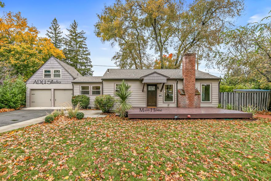 Super cute remodeled single level bungalow home w/granite counters, beautiful s/s/ appliances and newer cabinets. Hardwood floor , newer dbl pane windows. 2 bdrms, 2 updated bathrooms w/ tile around bathtub /shower. Primary suite w/granite counter, tile floor and nice size tile shower. Stackable washer/dryer in closet.  Heatilator fireplace insert in living room. Beautiful private landscaping on timed sprinklers, fenced back yards. Cute separate studio above the 2 car garage w/separate entry rented for $950 per month and it's own address 708 Monroe. Live in main home and rent out studio for extra income or help towards more payments. Lg 12x16 storage building on a slab. Lg .32 acre lot. Check with the City on adding another home for more income.