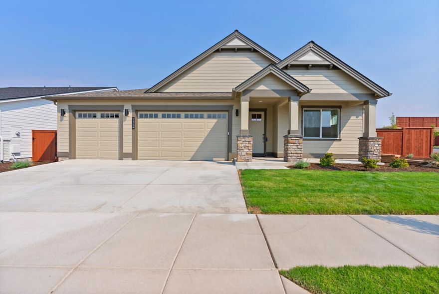 Popular floorplan Boasts 4 bedrooms with a large 3-car garage and features a generous great room w/gas fireplace open to a spacious kitchen, island eating bar, and dining area. Light cascades in through the large windows and 9' sliding doors in the dining area to enjoy the covered backyard patio. Quality finishes include solid Alder cabinets, quartz counters in kitchen & baths, full-height kitchen tile backsplash. Spacious primary suite has spa-style soaking tub, tile shower, water closet, and sizable WIC. Neighborhood amenities include a pool, park, playground, ½ sports court. Dog-friendly community. Easy access via paved path along protected wetlands with entrance to neighboring 600 acres of public walking trails venturing up Barnes Butte. Photos of similar unit, specs vary. GPS unreliable: 3rd St to L on Combs Flat, L on Whistle Way, L Loper, right on Hudspeth Ln turns to Hudspeth Cir, R on Rimfire to model home @1311 NE Whistle Way open for tours, Fri-Mon, 11-5:00pm. #244 Hillmont