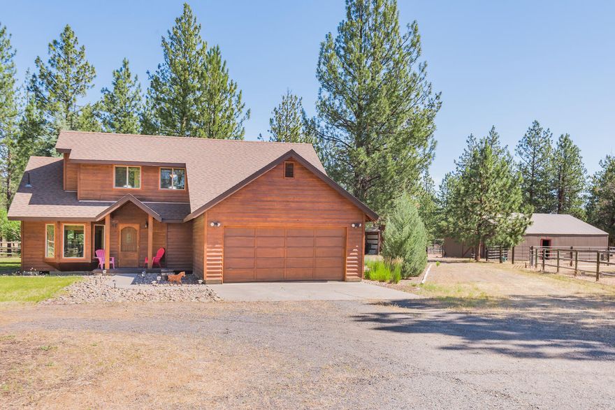 Fantastic horse property bordering 1000's of miles of National Forest, with end of the road privacy, yet only a few short minutes from downtown Sisters. Property features: High quality 3-stall barn with ample hay storage, tack room & storage area. Extensive fencing/cross fencing/panels/riding arena; Low property taxes due to timber deferral; Numerous large Ponderosa Pine trees; Large machine shed. Home features: Great condition natural cedar siding; Open/vaulted ceilings in great room with beams and tongue and groove; Good size primary bedroom with vaulted ceilings, jetted tub, walk-in shower and closet, and doors to back deck; Newer insulated vinyl windows; Newer composition roof; Newer septic drain field; Large utility room with two pressure tanks for the well; Separation between master bedroom and upstairs bedroom; Newer walk-in shower in upstairs bathroom. Loft could be converted into a third bedroom.