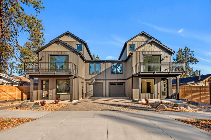 Exciting new construction townhomes showcasing stunning Cascade Mountain and Deschutes River views. Each of the four residences offers 1,798 sq ft with 3 bedrooms, 2.5 baths, and a thoughtfully designed layout that includes a versatile third bedroom—perfect as a guest room, home office, or bonus space. Thoughtfully designed with hardwood floors, quartz countertops, tile showers, and a cozy gas fireplace. Move-in ready with all appliances, including refrigerator, washer, and dryer. Enjoy the patio while listening to nearby summer concerts, or take a short stroll to the Old Mill for shopping and dining. Featuring garages, outdoor storage, and low-maintenance yards for easy lock-and-leave living, these townhomes deliver exceptional value in one of Bend's most desirable locations.