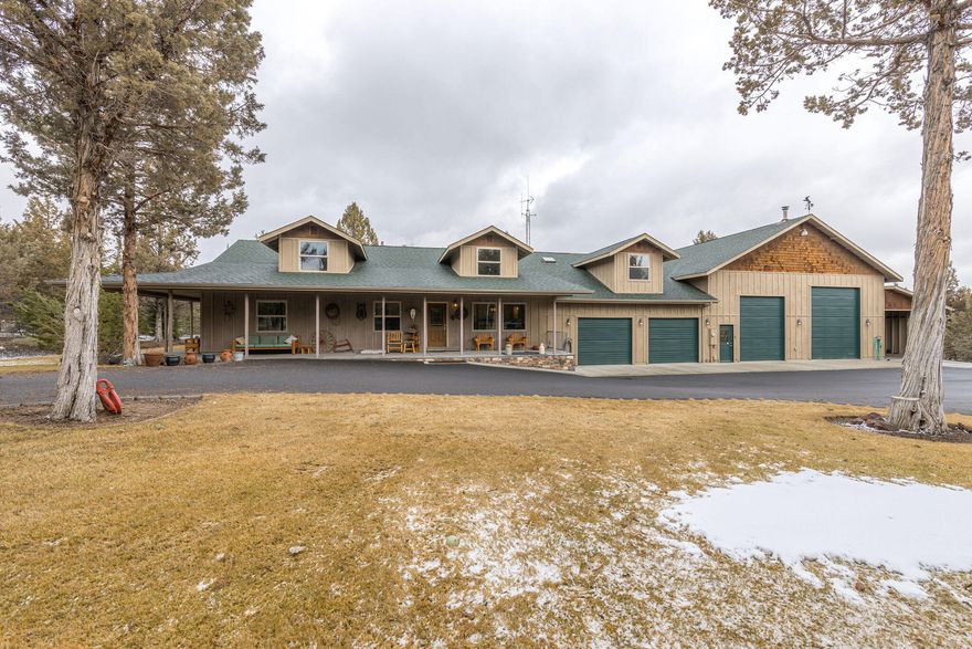 Quality built custom home in Ironwood Estates boast Hickory cabinets w/pull out shelves, walk-in-pantry, granite sink, & tile counter tops. Hardwood floors in living room with Gas stove for our Central Oregon winters. Tile floors in kitchen, dining room & entry. Vaulted tru-out w/clear Pine doors and trim. Guest suite & Primary downstairs. 1422 SF covered wrap-around porch & patio. Attached 4 car garage & 1600 SF heated RV garage 12x40 covered RV parking & 24x36 detached storage. All this on 5.25 acres for plenty of privacy and just minutes from downtown Prineville and Prineville Reservoir.