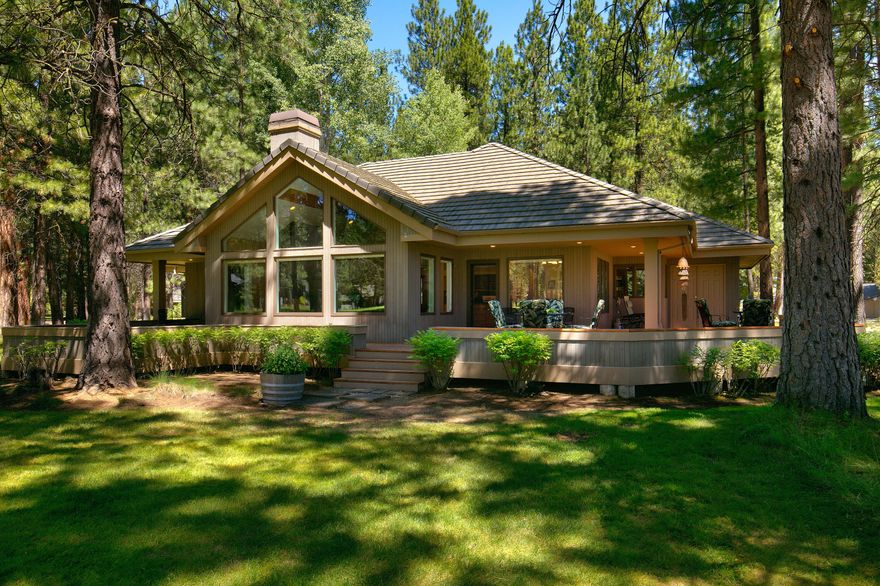 Single-level home in the highly desirable Golf Home Section of Black Butte Ranch! Enjoy spectacular views of the Big Meadow golf course, including the second hole green and third hole tee box/fairway. Convenient single-level layout for easy living featuring hardwood floors, open kitchen design with granite counters, granite backsplash, and stainless-steel appliances. Vaulted ceilings for a spacious and airy feel in the great room equipped with propane river rock fireplace for warmth and ambiance. All three bedrooms feature en-suite bathrooms and the office/study room conveniently located near the front entrance can also become an additional sleeping area for friends and family. Enjoy days and nights on the expansive wood deck for outdoor relaxation and entertainment to enjoy the beauty and tranquility of Black Butte Ranch from this stunning property.