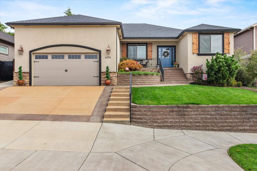 Elegant, single level beautiful home in sought after Vista Point neighborhood of East Medford with amazing views of the city.  4 Spacious bedrooms and 3 bathrooms thoughtfully laid out for a functional split wing floor plan offering abundance of natural light. Great room offers floor to ceiling stone gas fireplace, white built-in bookcases/cabinetry that opens to kitchen, 2 tone center island with granite leathered countertops.  Bosch stainless upgraded appliances, 5 burner gas stove and triple door GE refrigerator included.  This amazing home offers practicality of numerous storage and linen closets plus additional 8 x10 storage shed outside. The primary suite features a large walk-in closet, double sinks, heated floors, and oversize glass frameless shower with floor to ceiling custom tile.  Home is fully landscaped, and many new upgrades have been added to this lovely home.  4 newer TV's will all stay in the home.  Listing Agents have ownership interest in this property