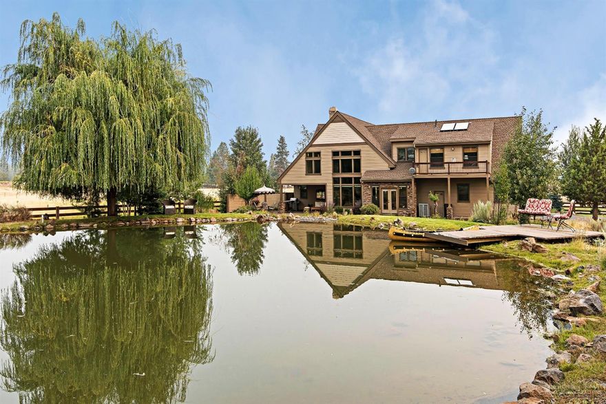 Gorgeous custom home with endless amenities! Located across from Aspen Lakes Golf & 3 miles to Sisters. Beautiful Cascade Mountain views. Huge vaulted beam ceiling, hardwood floors + Alder doors & trim. Gourmet kitchen with farm sink, stainless appliances & island. 3 master suites; 1 down, 2 up. Office with built-ins. Large bonus room with mini bar. Beautifully landscaped yard with pond + dock. 48x48 shop. Solar panels, radiant floors, AC. 17.5 acres of water rights. See attached list for more information.