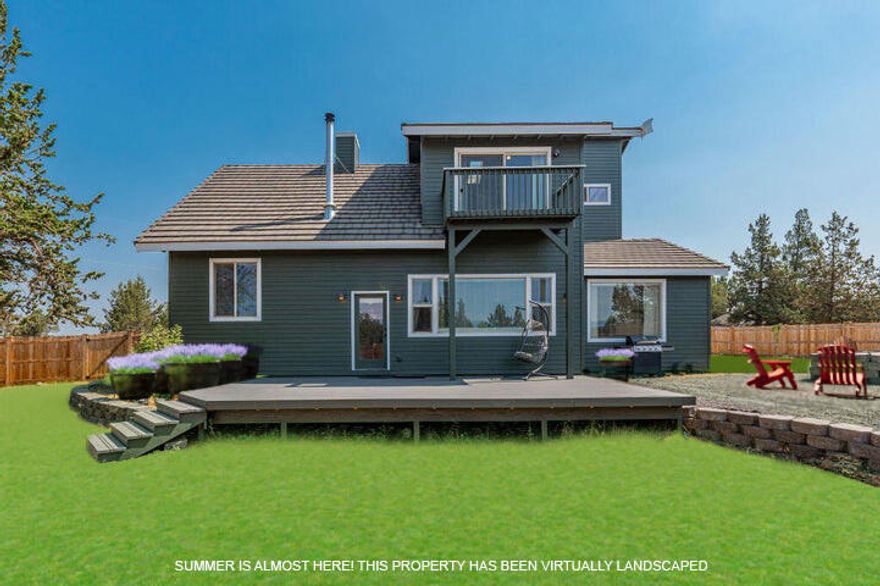 Sweeping Cascade Mountain Views & access to 360 acres of BLM! This 2336 SF home is conveniently located between Bend and Sisters, directly across from hundreds of acres of public lands! Recent upgrades include: new fencing, wood stove, and fresh exterior paint. Inside, vaulted ceilings, skylights, and large windows bring in abundant natural light. The kitchen features granite tile countertops, stainless steel appliances, wood cabinets, coffee/tea station, and generous storage. The main level features 3 spacious bedrooms and a full bath, while the upstairs primary suite impresses with vaulted ceilings, 2 walk-in closets, ensuite bath, and private balcony with stunning mountain views. Outside, the fully fenced backyard includes a deck and low-maintenance landscaping ready for your vision. The pull-thru driveway provides ample parking and space for your RVs/trailers/outdoor toys. A one-of-a-kind home in a prime location with breathtaking views & endless adventure right at your doorstep!