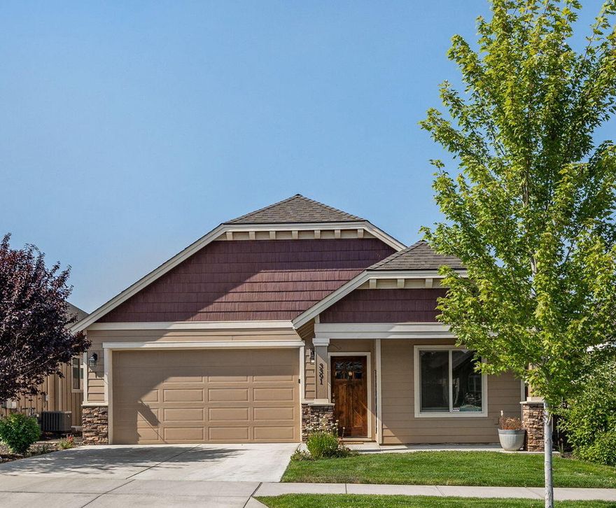 Simplify your life with this single level gem! The convenience, comfort, and seamless flow is perfect for any lifestyle. Great-room floorplan opens up to low maintenance yard as this home is designed for easy living without compromising on style. Located in the NE community of Mirada boasting community pool and beautiful 3.9 acre park with playground and walking paths.
Main living is a spacious vaulted great-room with stone surround fireplace and stain wood mantel, perfect for cozy nights by the fireplace. Come sit up at the island bar and enjoy the open kitchen concept while you entertain. Oversized vaulted ceiling primary bedroom with ceiling fan carries over to the bathroom with two sinks and stately appointed tile shower. Feeling like relaxing outside? Your back yard is fully fenced with a covered deck, xeriscaped yard and a gas BBQ stub perfect for grilling this summer.