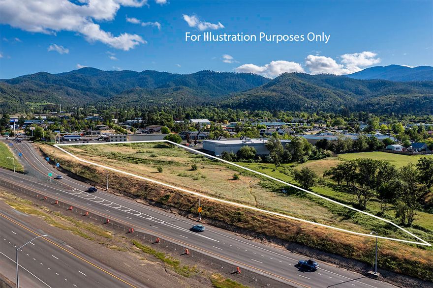 Great development opportunity at the first major I5 intersection as one arrives from California to Ashland, Oregon. This high-traffic corridor property is perfectly positioned for maximum exposure to tens of thousands of vehicles daily. Potential uses include hotel/lodging, retail, restaurant, or mixed-use development—subject to local zoning approvals. An annexation for the development of a hotel is supported by Economic Data provided in Ashland's Comprehensive Plan and within the economic data provided since last Ashland Comprehensive Plan update. Required for annexation is a zone change from RR-5 to C1. Data and information from City of Ashland should align & justify the development request and address the shortage of adequate retail/commercial in the City. Perfect site for hotel with restaurant and conference facilities or an array of other commercial facilities.