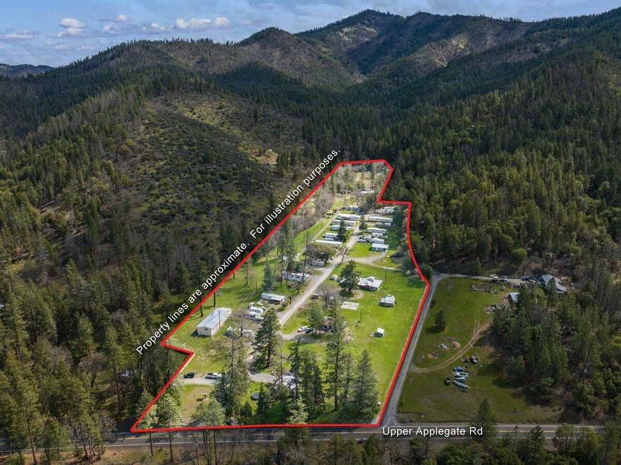 Bigfoot Acres is a fully stabilized prime investment opportunity in the serene Applegate Valley, near the Applegate River and a short drive to the lake. Spanning 10.19 acres, the park includes 23 units: 13 mobile homes, 5 RV spaces, and 5 stick-built homes — all units are parked owned (except RV's) and separately metered. The property is well-maintained with an on-site manager, many long-term tenants, and a number of recent upgrades, including interior remodels on most units, re-graveled road (within last 3 years), updated well houses and systems, 6 septic systems, 2 wells, and a 5,000 gallon holding tank. Features include: a large shop with conversion potential, community playground/basketball area, on-site laundry, and potential expansion of 10 mobile sites or 20 RV spaces! (buyer to verify). Strong financials with a net operating income of $185,111 and a 10 percent cap rate make this a rare opportunity in one of Southern Oregon's most scenic valleys.
