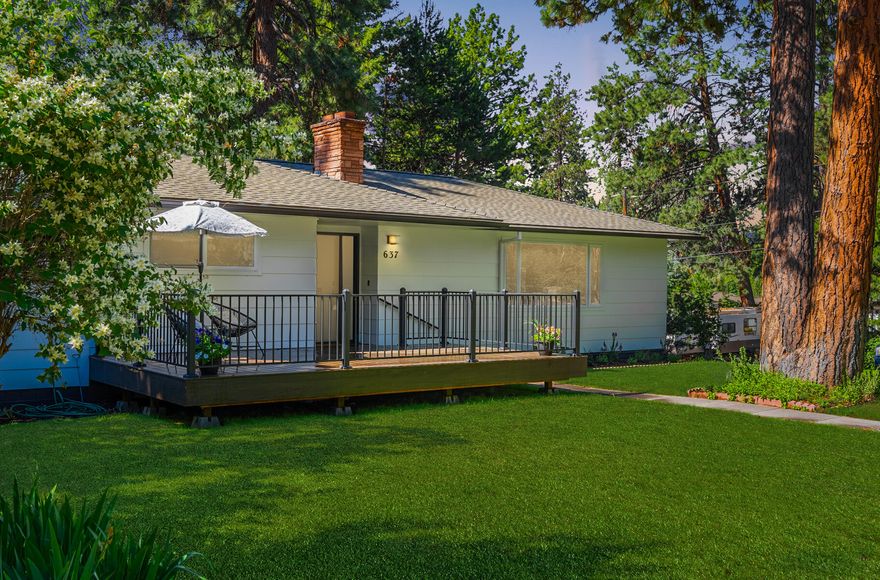 2 Tax lots, 2 minutes to dog park, 2 minutes to downtown Bend. Easy biking or walking to restaurants, & schools from this completely updated westside Bend mid century home. Bring your Sprinter van or camper. The upgrades & location exude mid century charm, privacy & incredible access to downtown Bend, Drake Park, Mt Bachelor, schools, dog park, vibrant shopping & more. Settle into the embrace of this remarkable home nestled in one of downtown Bend's finest older neighborhoods. A snap shot of brand new features in 2024 include:roof, chef's kitchen, bathrooms, HVAC, A/C, windows, cabinetry, restored mid century lighting, appliances, interior paint, floors, entry fenced deck, updated plumbing & electrical, doors. 2 primary suites, gigantic 807 sq. ft. freshly painted, drywalled garage. Alley access w/room for Central Oregon toys. Premier .25 acre corner parcel.Exterior of home freshly painted. Potential for ADU, shop, additional garage, duplex, multi generational living, lot separation.