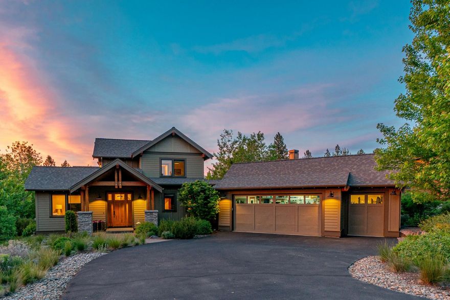 Tucked into the treed and natural landscape that is synonymous with the Glen neighborhood in Tetherow, this award winning NW Contemporary home delivers on all levels. Designed with sustainability in mind, the large sunny lot features great outdoor living for entertaining family and friends. The bright and airy feel of the main level is accomplished by high vaulted ceilings, transitional finishes, ample windows and an open concept floor plan. With a roomy and private primary suite as well as a dedicated office/den on the main level and two additional bedrooms, full bath and flex space upstairs, the design offers versatility and functionality for all buyer types. Plus with a nearly 3 car garage, there is plenty of room for all your outdoor toys. Set on a quiet cul-de-sac and just a short distance from all of Tetherow's fabulous amenities, this house perfectly blends comfort and convenience.